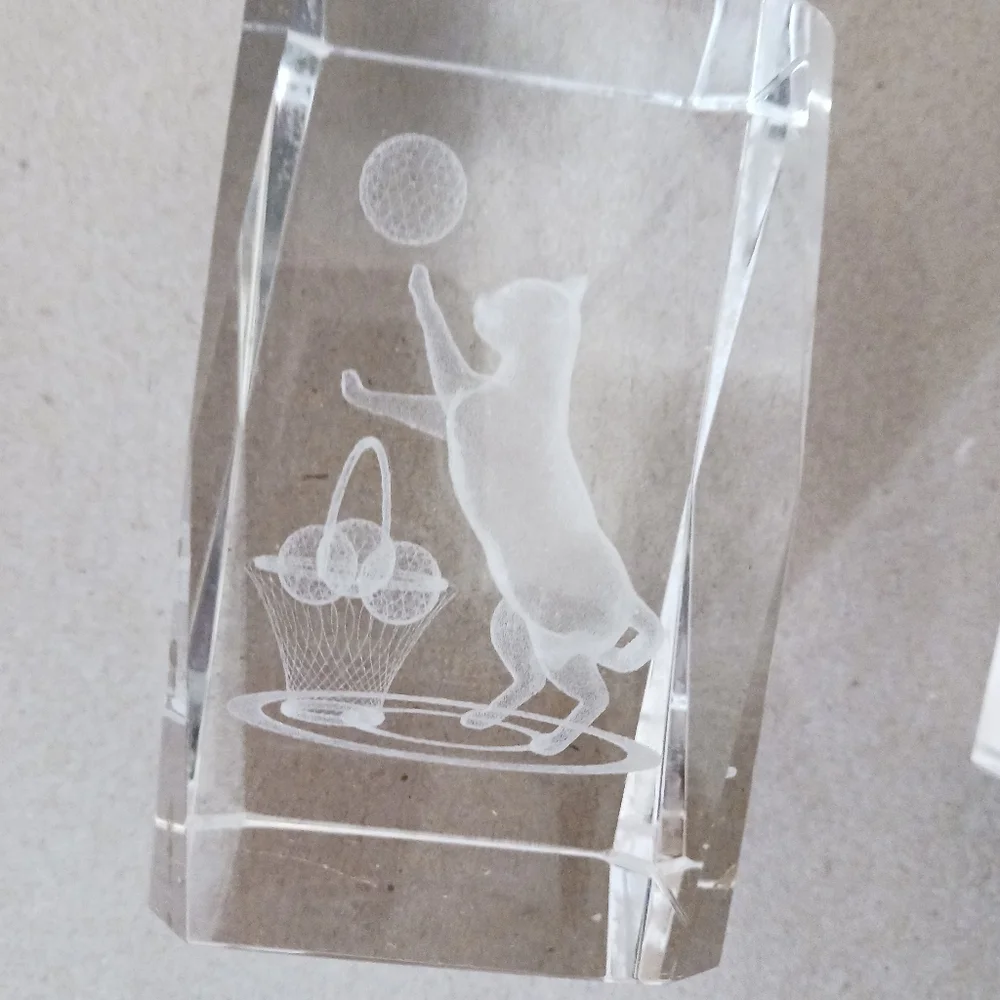 1#Crystal Glass Blocks with Etched Designs Cat&birds Heavy Paperweights - Picture 4 of 8